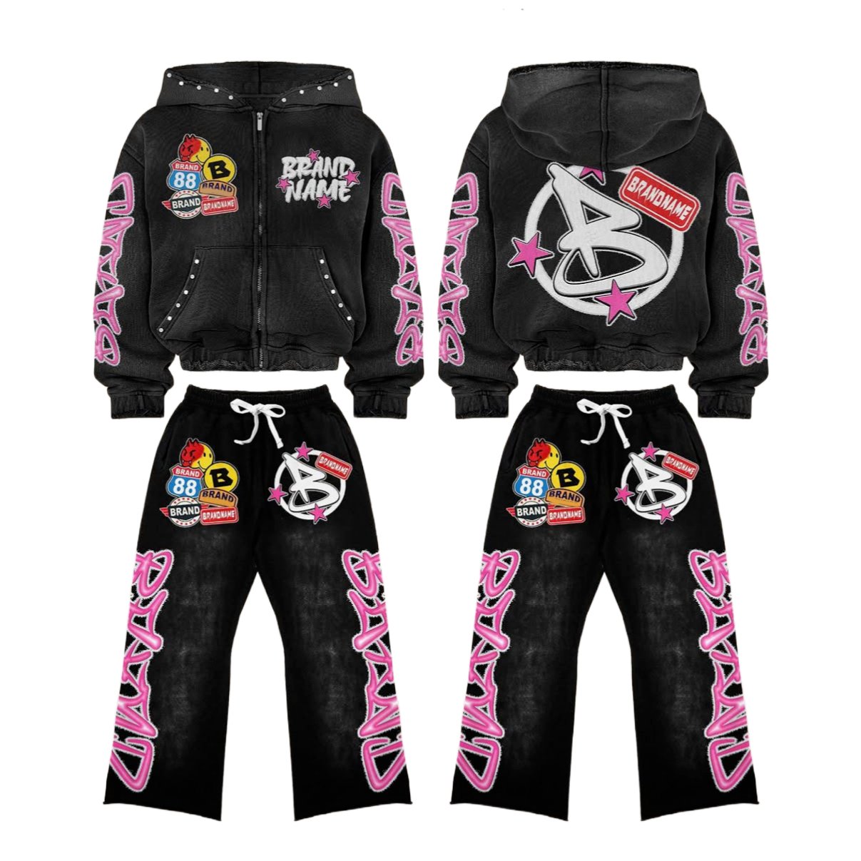 Custom-made children's streetwear loose hoodie and stacked pants set, acid-washed sportswear for boys, DTG printed short flared pants