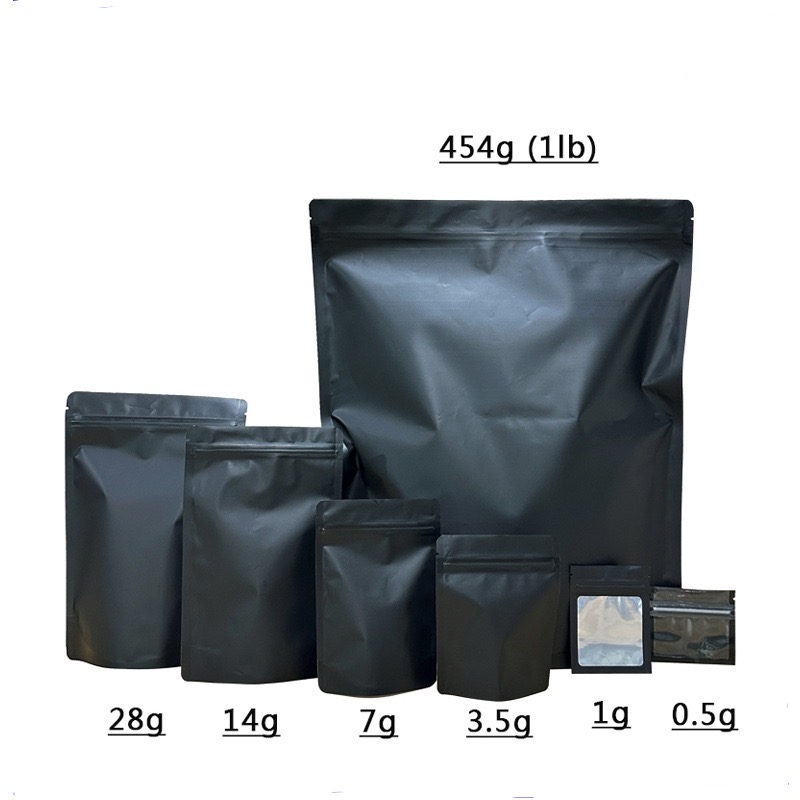 1g 3.5g 7g 14g 28g polyester film zipper bag custom printed matte black food candy packaging bag upright zipper bag, transparent front