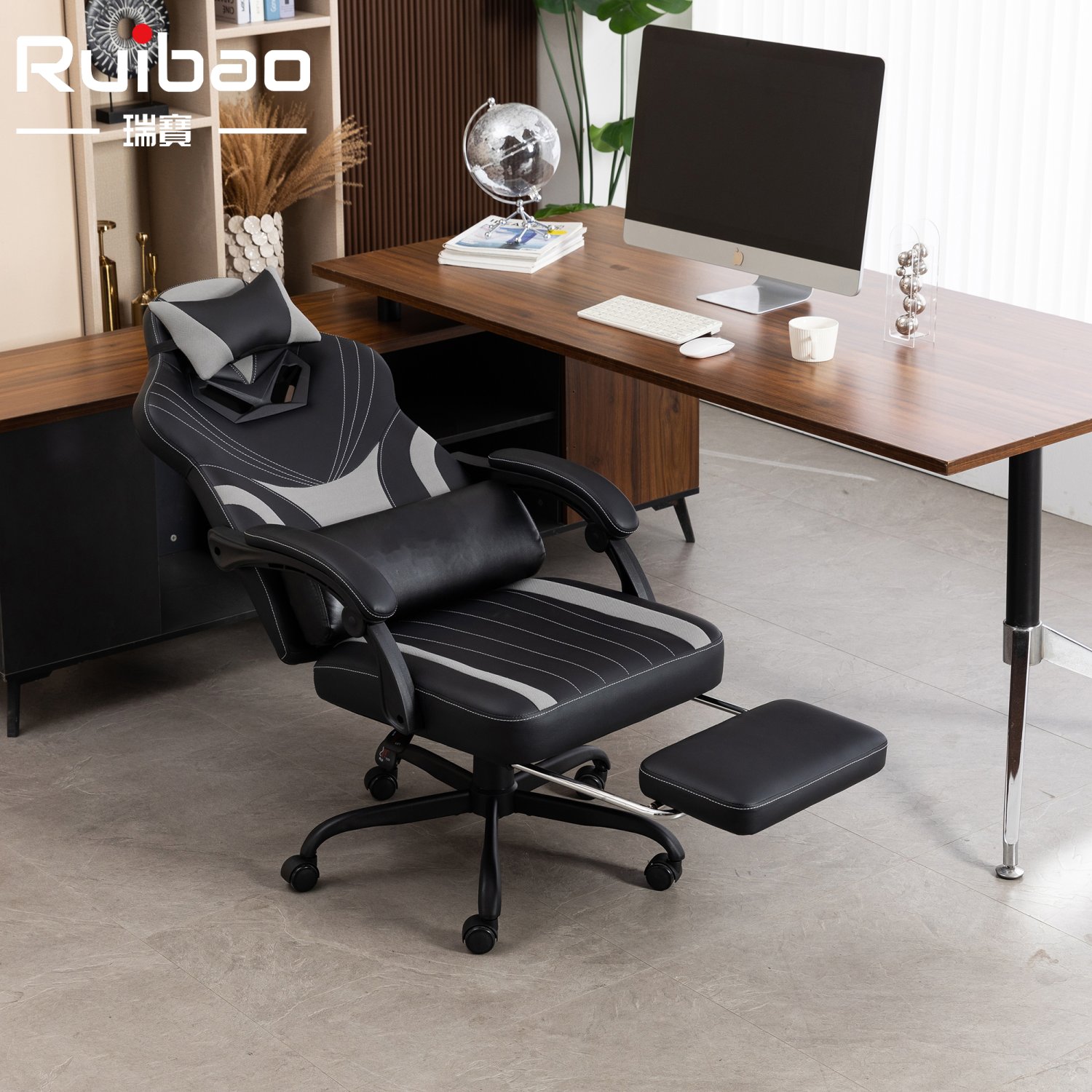 Ruibao ergonomic electric rotating gaming chair with PU leather adjustable headrest and footrest, 4-level air pressure lifting, suitable for adults
