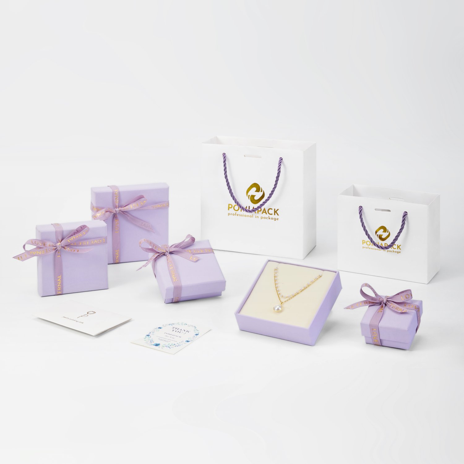 Purple Lialac paper jewelry box with bag, necklace, custom logo jewelry box, card jewelry container